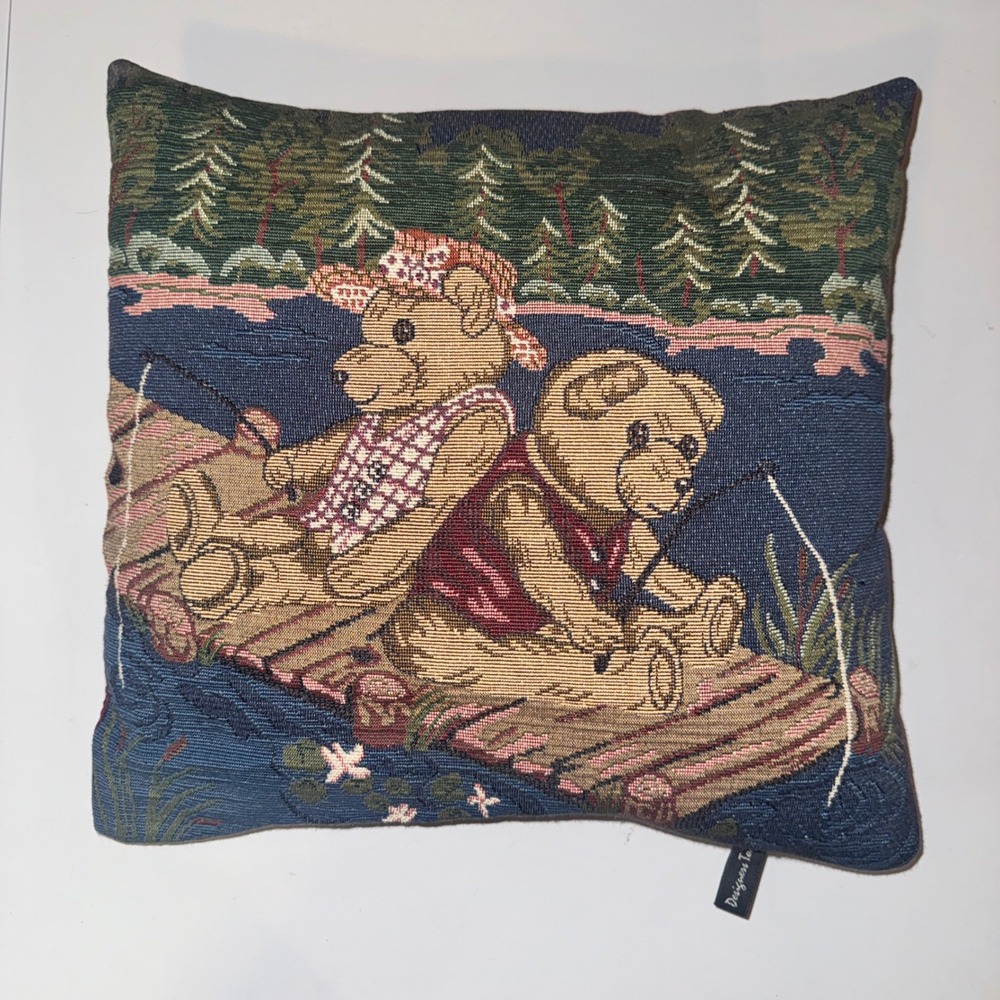 Designers Touch Rustic Fishing Bears Tapestry Throw Pillow Blue Burgundy 15x15